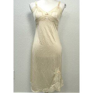 VTG Womens MEDIUM 34-36 Ivory Satin Lace FULL SLIP 22" Slit Adjustable EUC